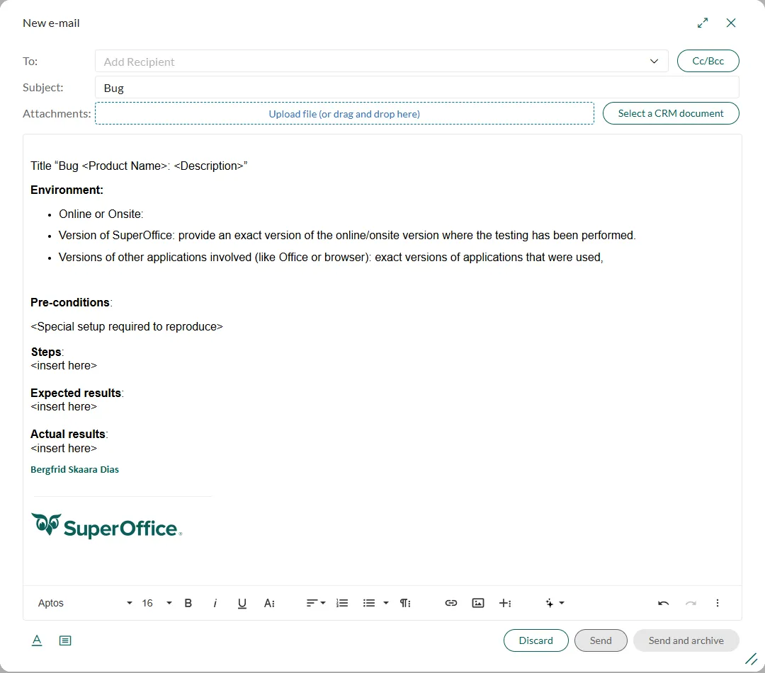 Email editor with prefilled subject and body from template -screenshot