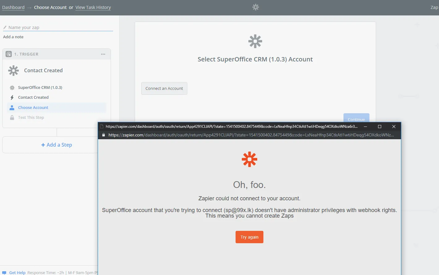 Issue connecting Zapier to SuperOffice -screenshot