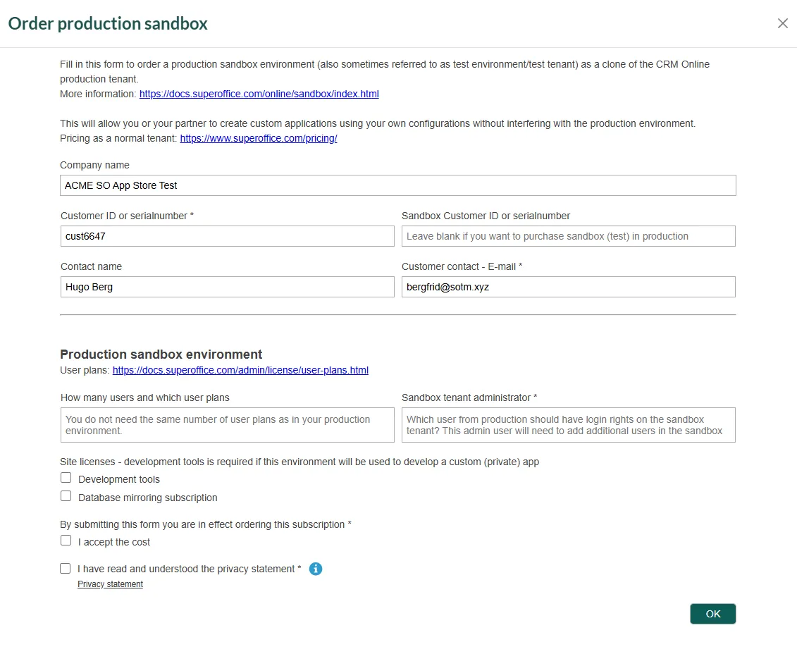 Order production sandbox in SuperOffice Developer Portal -screenshot