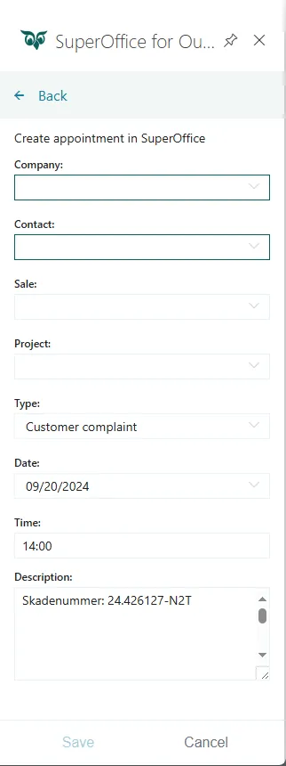 SuperOffice for Outlook, Create follow-up -screenshot