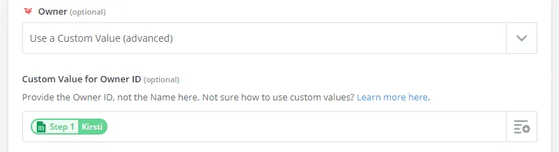 Provide Owner ID for Custom Value -screenshot