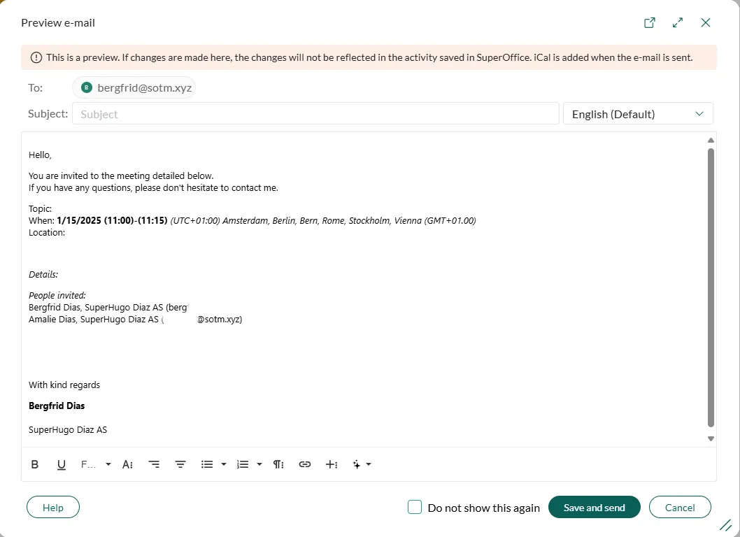 Follow-up dialog, preview email invitation -screenshot
