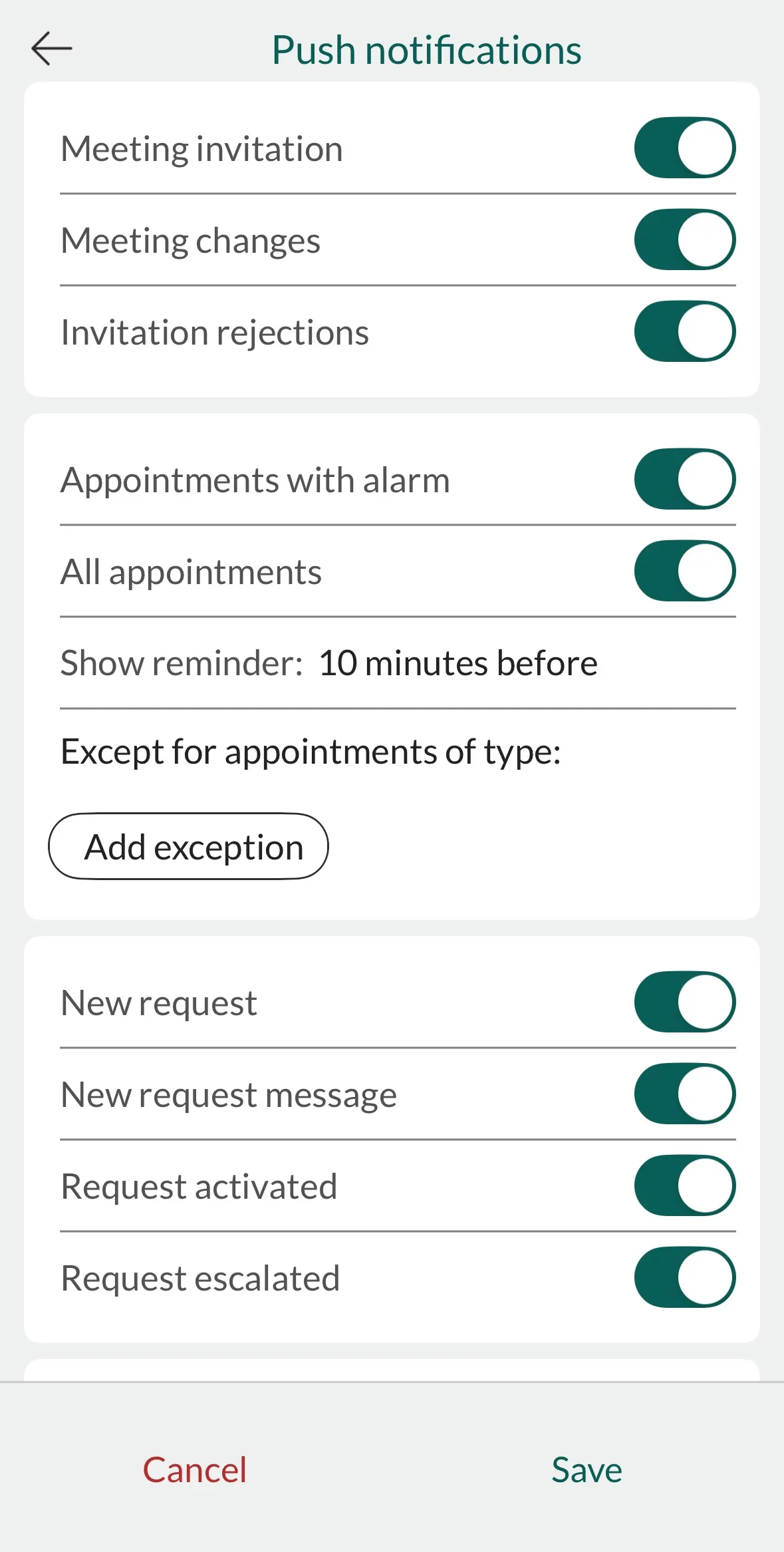 Mobile CRM: Notification settings -app-screen
