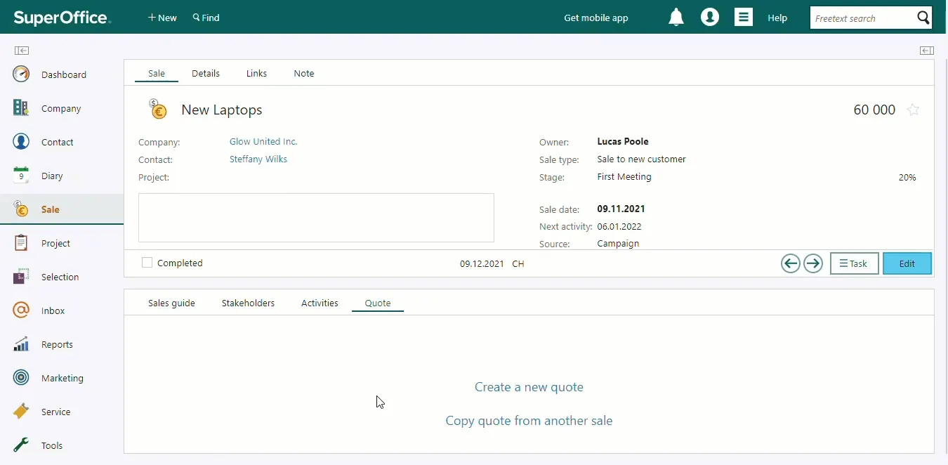After clicking the button to create a quote, you can start adding your products and services to the quote (animated) -screenshot