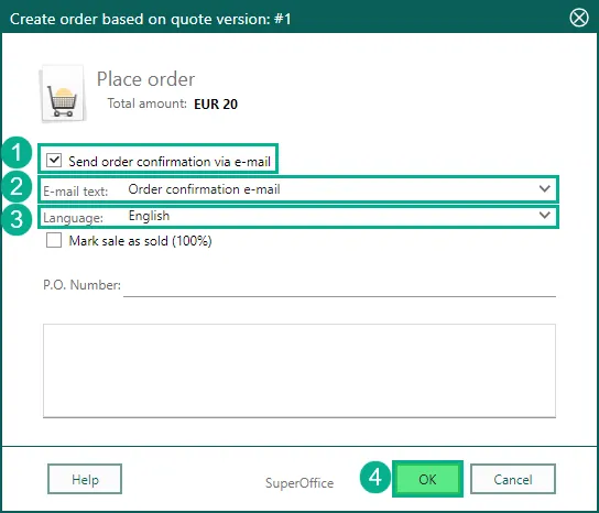 Quote send order confirmation -screenshot