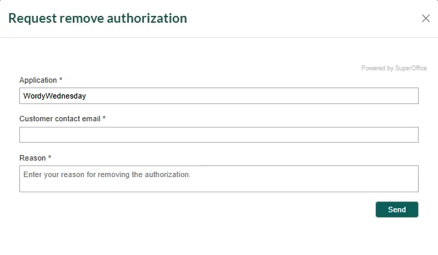 Request remove tenant authorization in SuperOffice Developer portal -screenshot