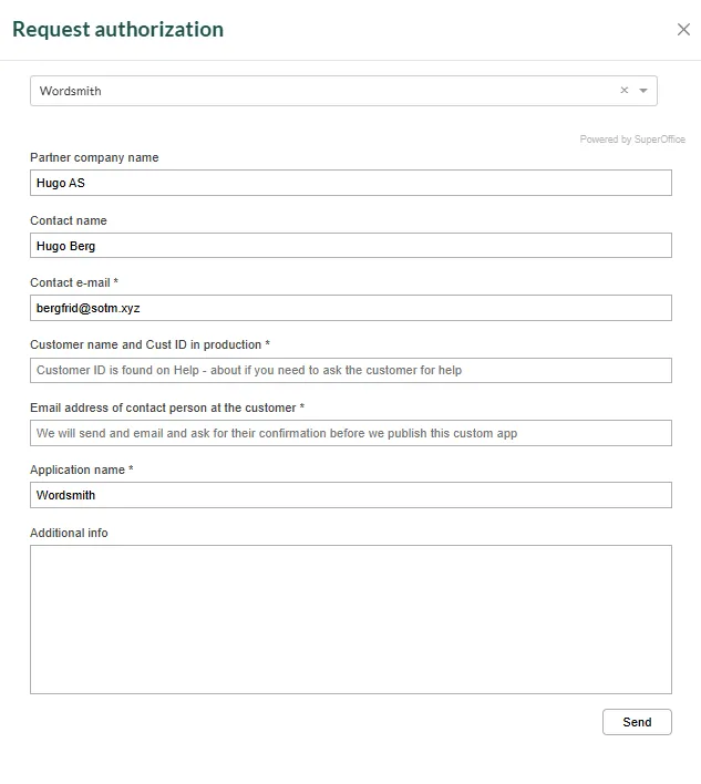 Request tenant authorization dialog in SuperOffice Developer portal -screenshot