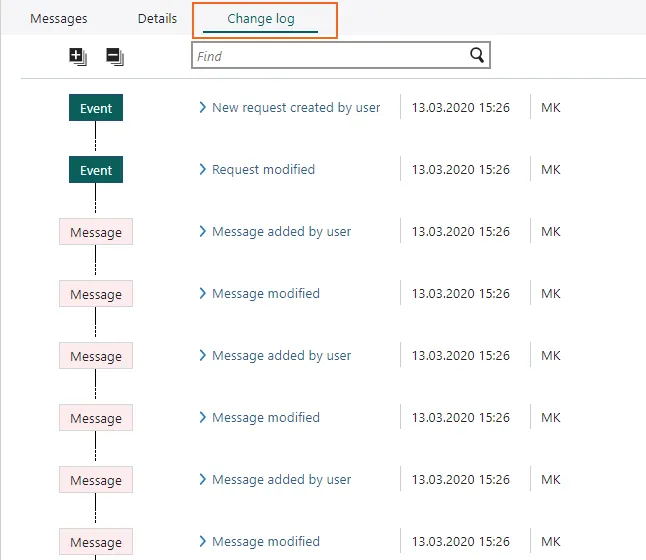 The change log on a requests shows all the different changes done on the request -screenshot