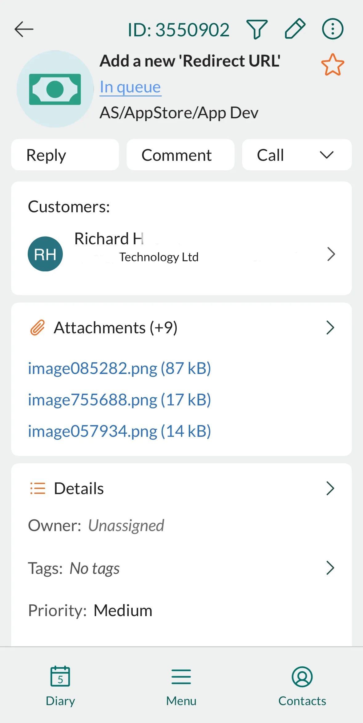 Mobile CRM: Request header showing title, actions, and details -app-screen