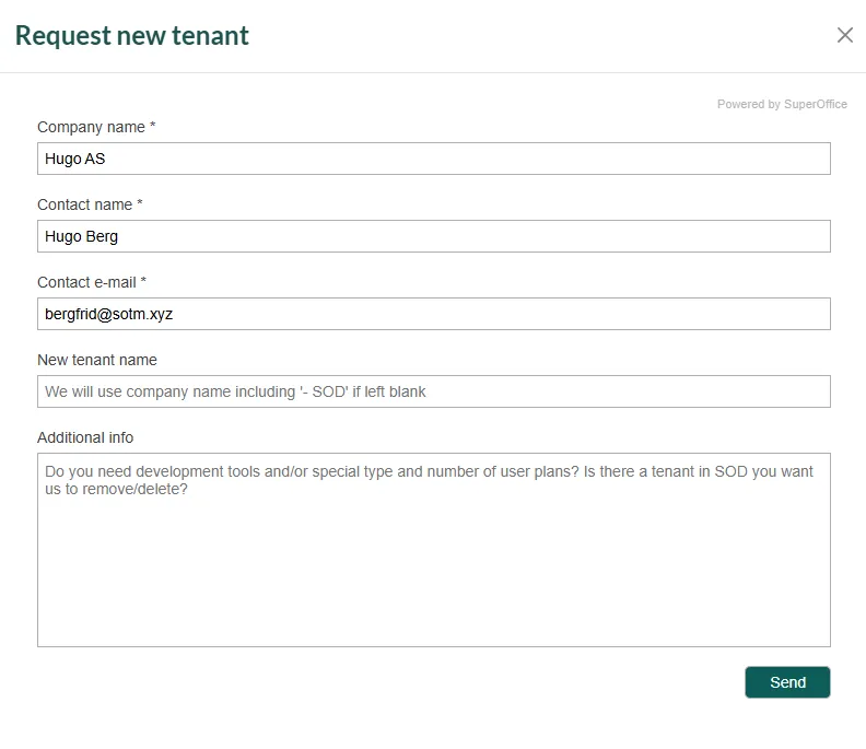 Request new tenant in SuperOffice Developer Portal -screenshot
