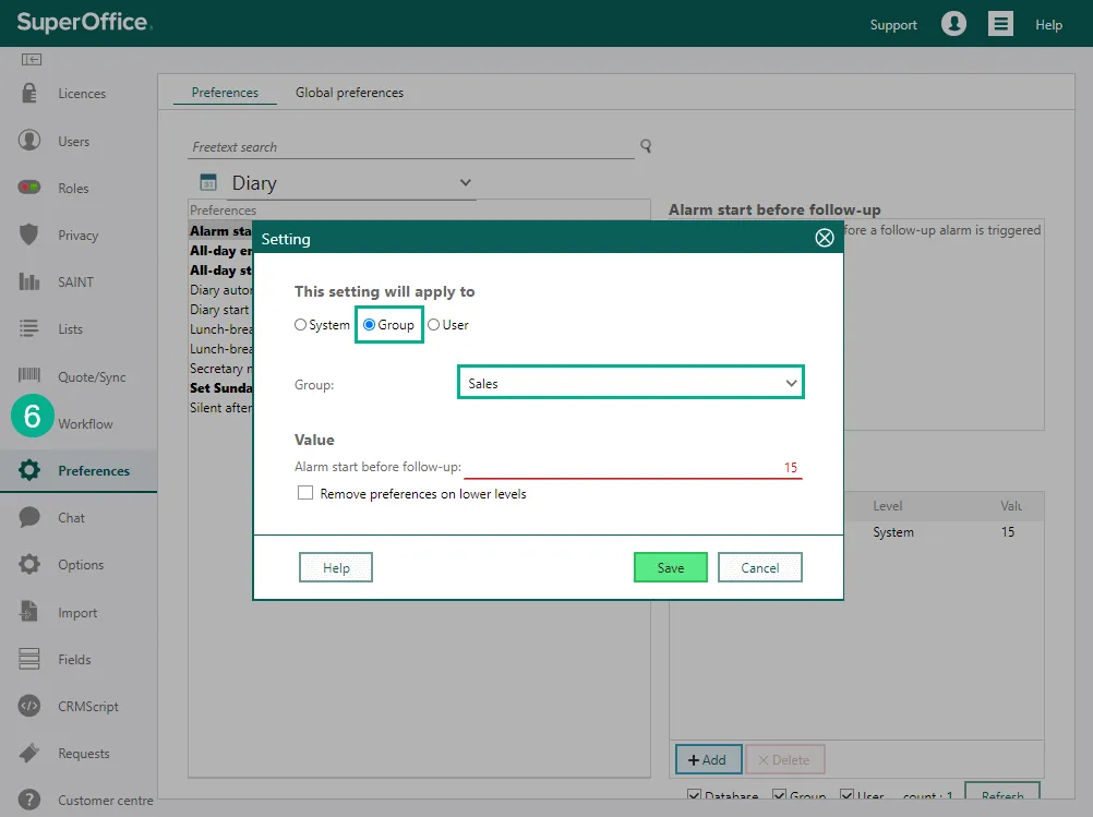 Preferences for Sales group -screenshot
