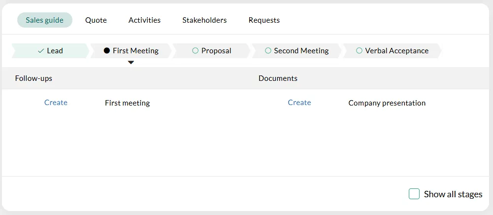 Sales guide section tab showing First Meeting status -screenshot