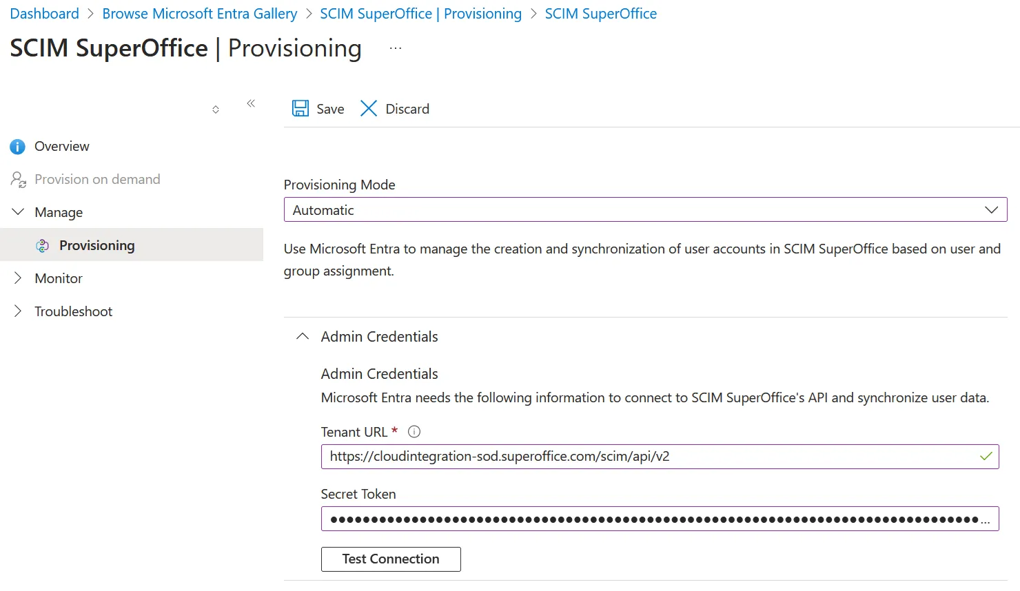 SCIM test connection from Microsoft Entra ID -screenshot