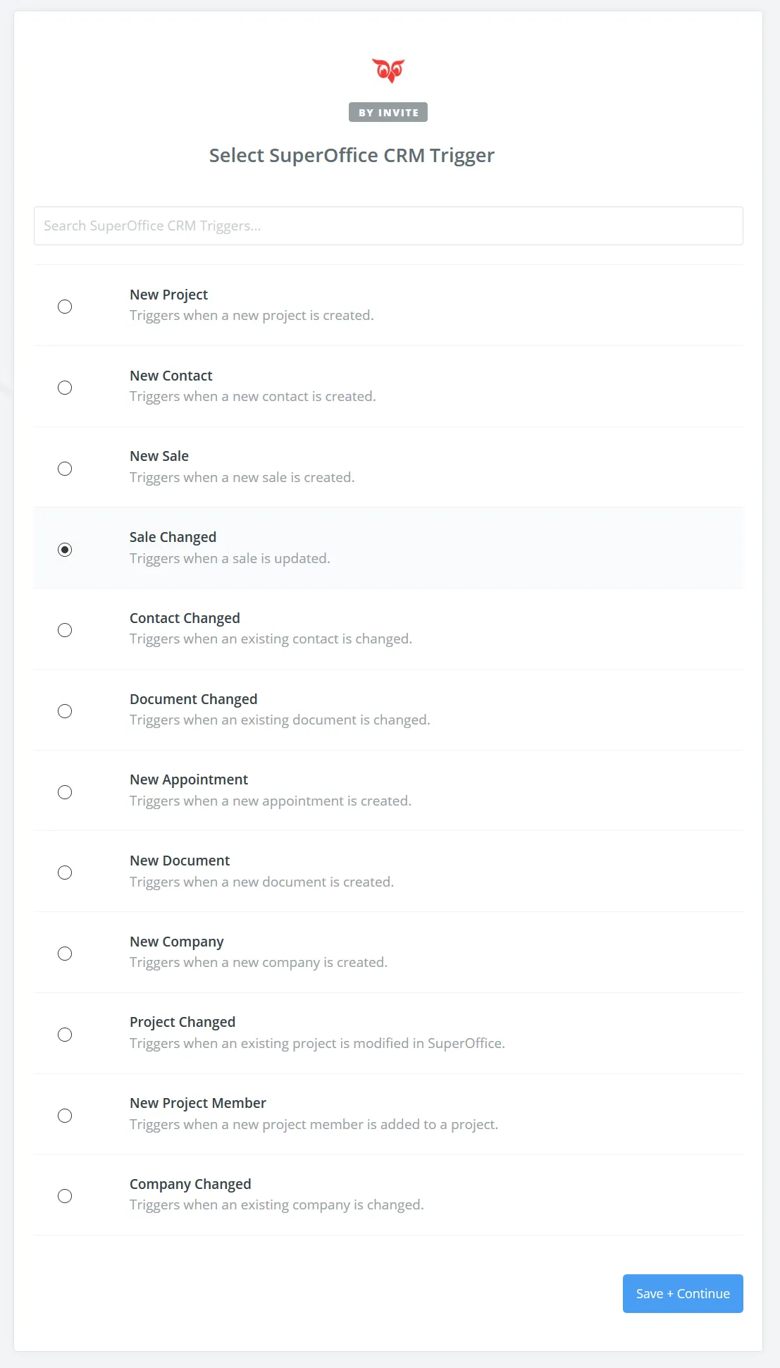 Select SuperOffice CRM Trigger -screenshot