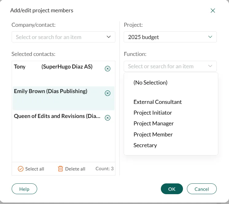 Add/edit project members dialog, function -screenshot