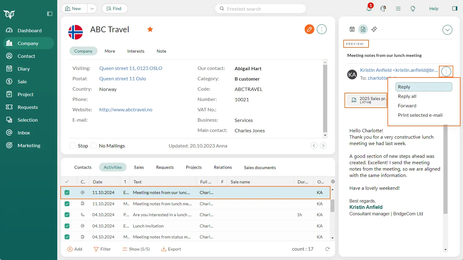 Email preview with task menu options highlighted -screenshot