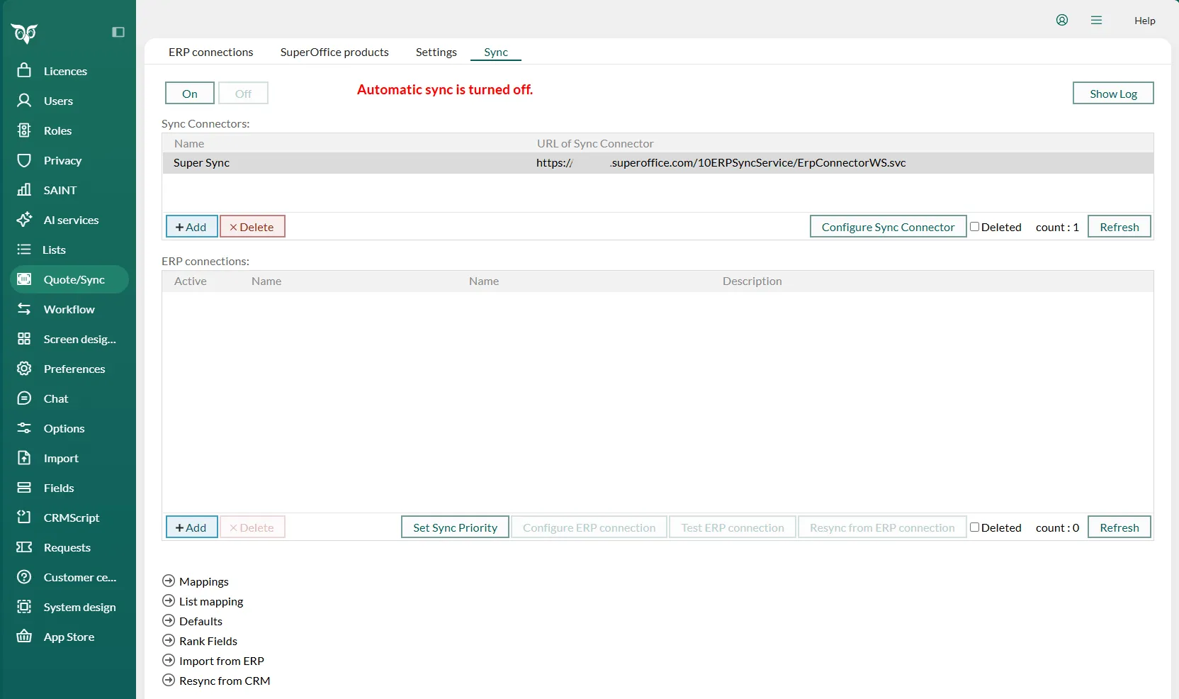 Sync-fanen i Indstillinger og vedligeholdelse med én Sync Connector -screenshot