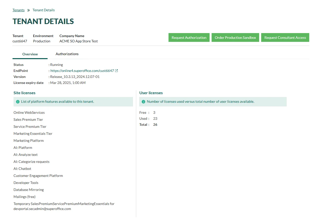 Tenant details page in SuperOffice Developer portal -screenshot