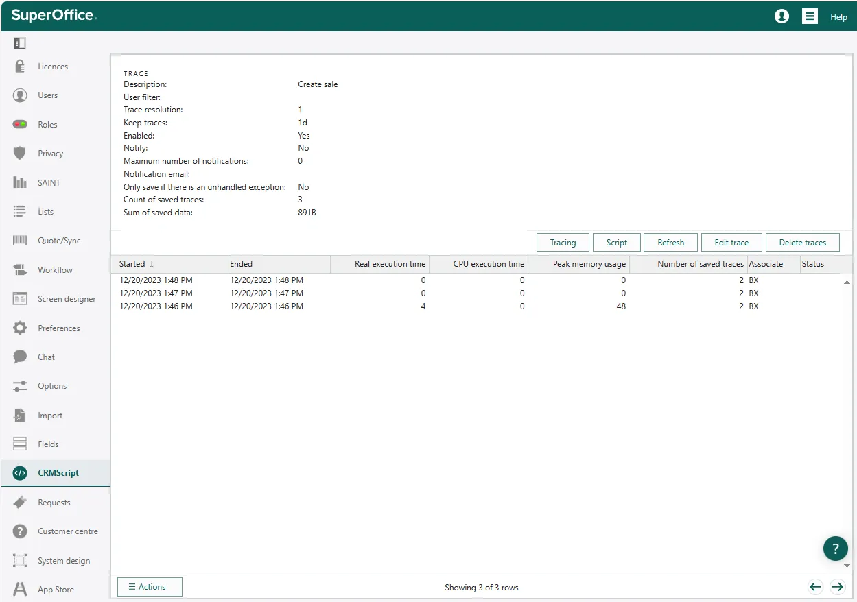 Trace CRMScript statistics -screenshot