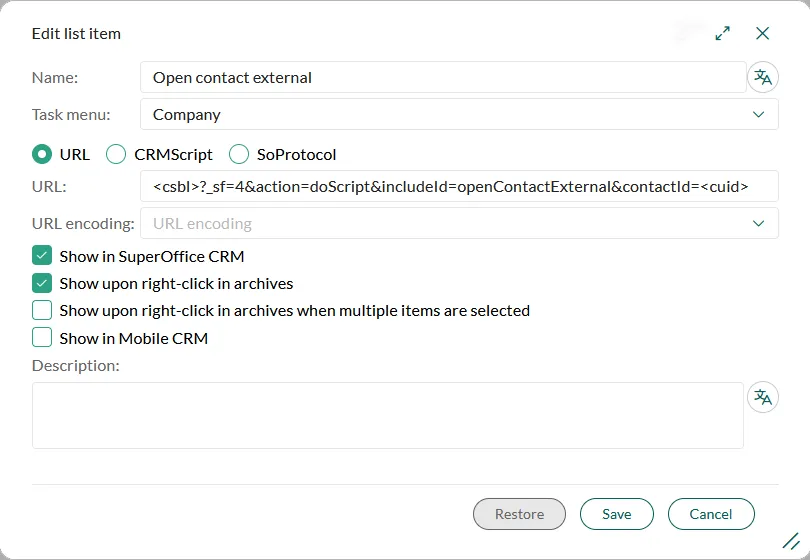 Edit list item dialog with task menu URL set -screenshot