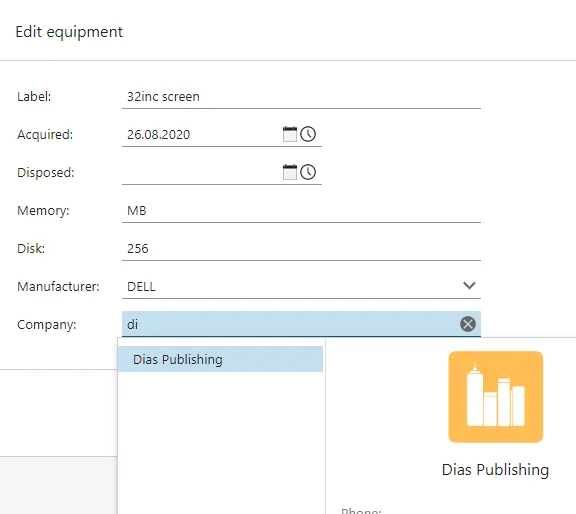 Screen capture of edit Equipment