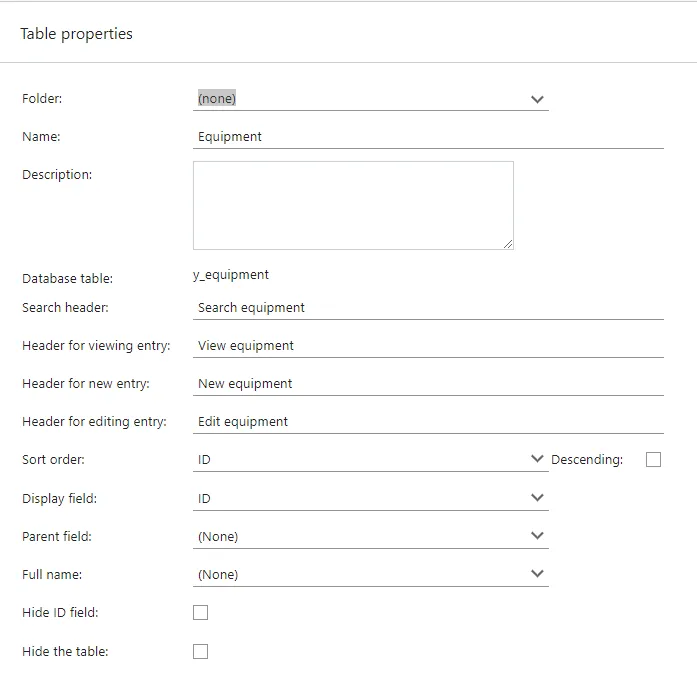 Screen capture of Equipment table properties