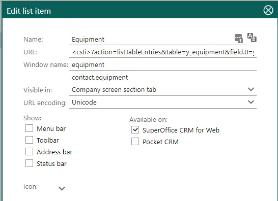 Screen capture of Equipment web panel spec