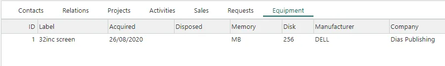 Screen capture of Equipment web panel
