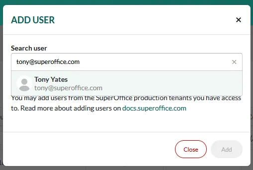 Find user by email in the SuperOffice Developer Portal -screenshot