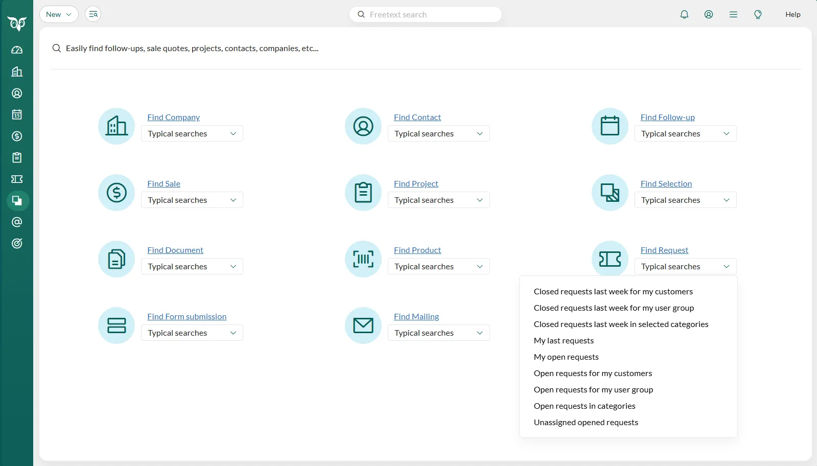 Click the Find button in the top bar and select typical searches in the drop-down menu -screenshot