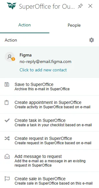 Action tab showing save to email and create activity options in SuperOffice -screenshot