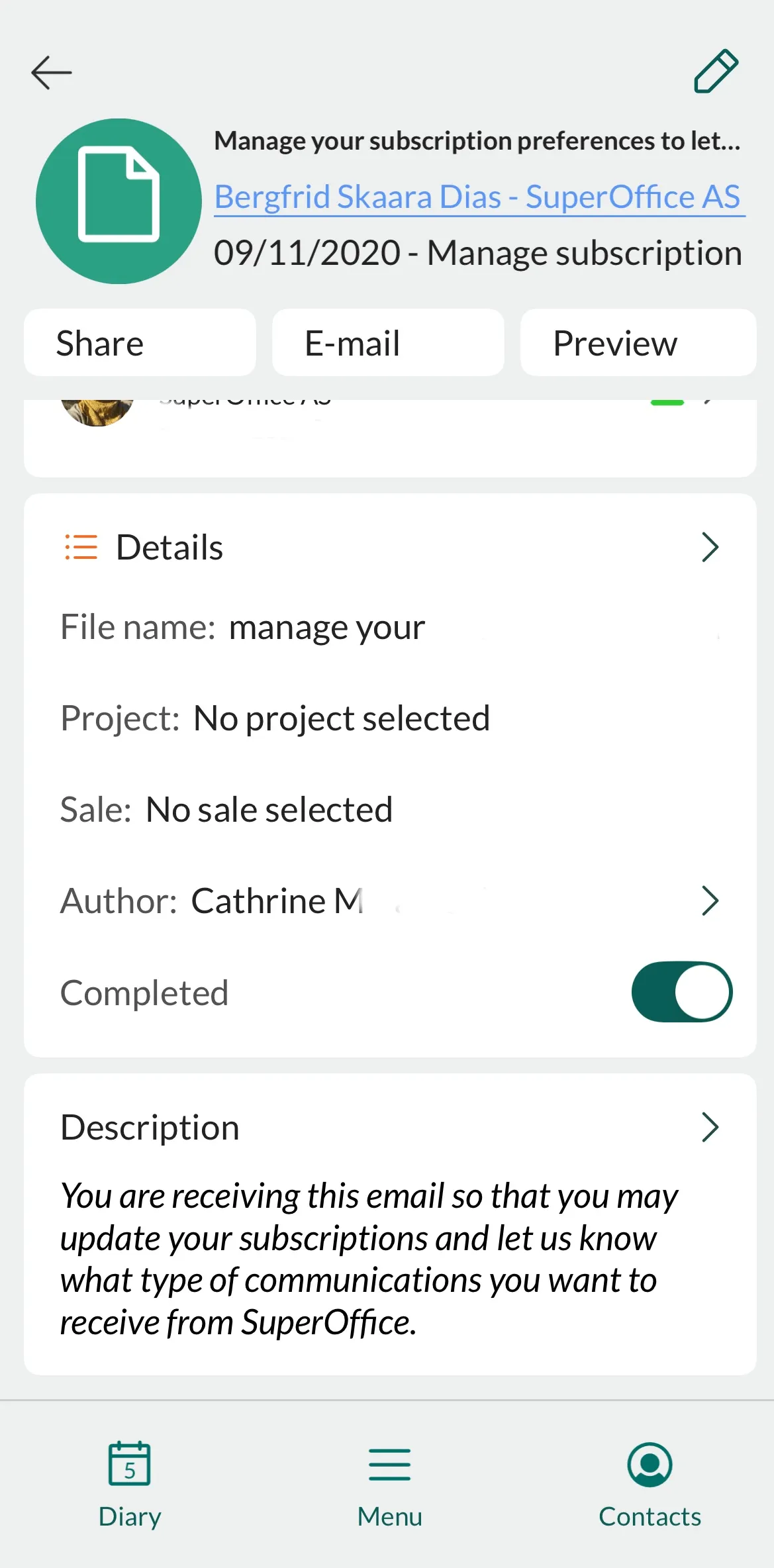 Mobile CRM: document details -app-screen