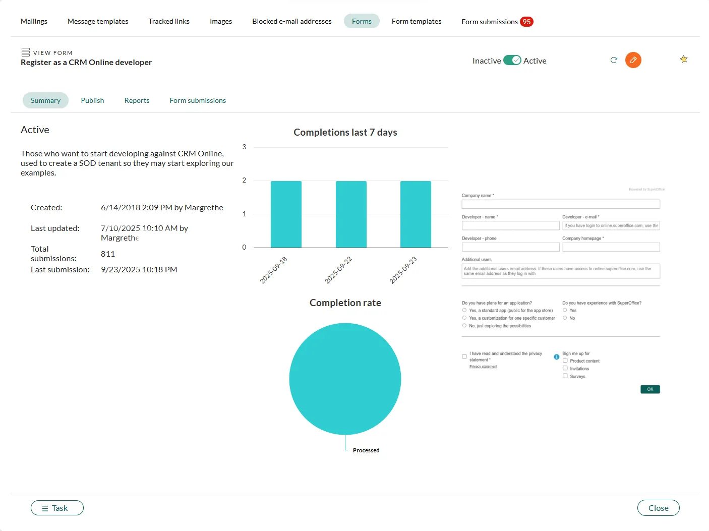 Form submission summary -screenshot
