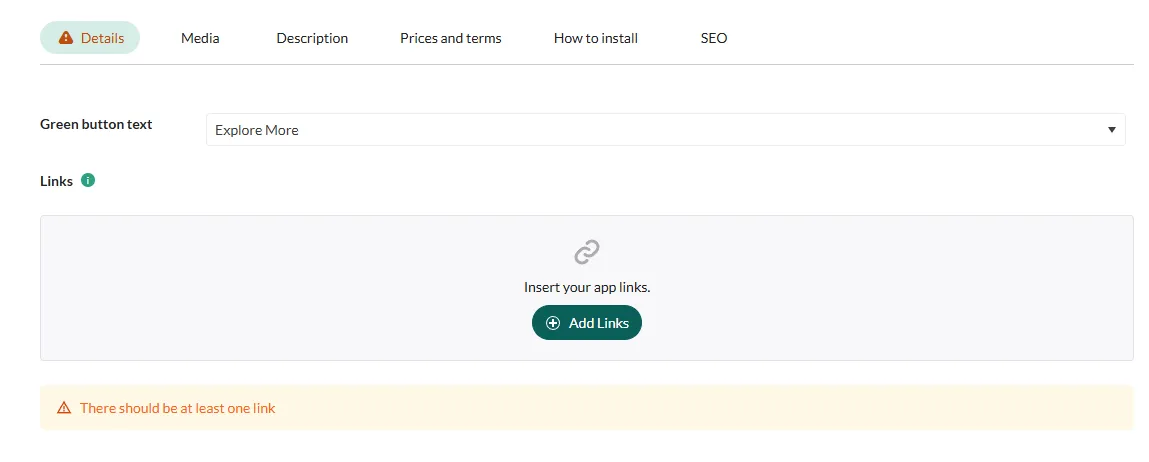 Warning Links field is blank -screenshot