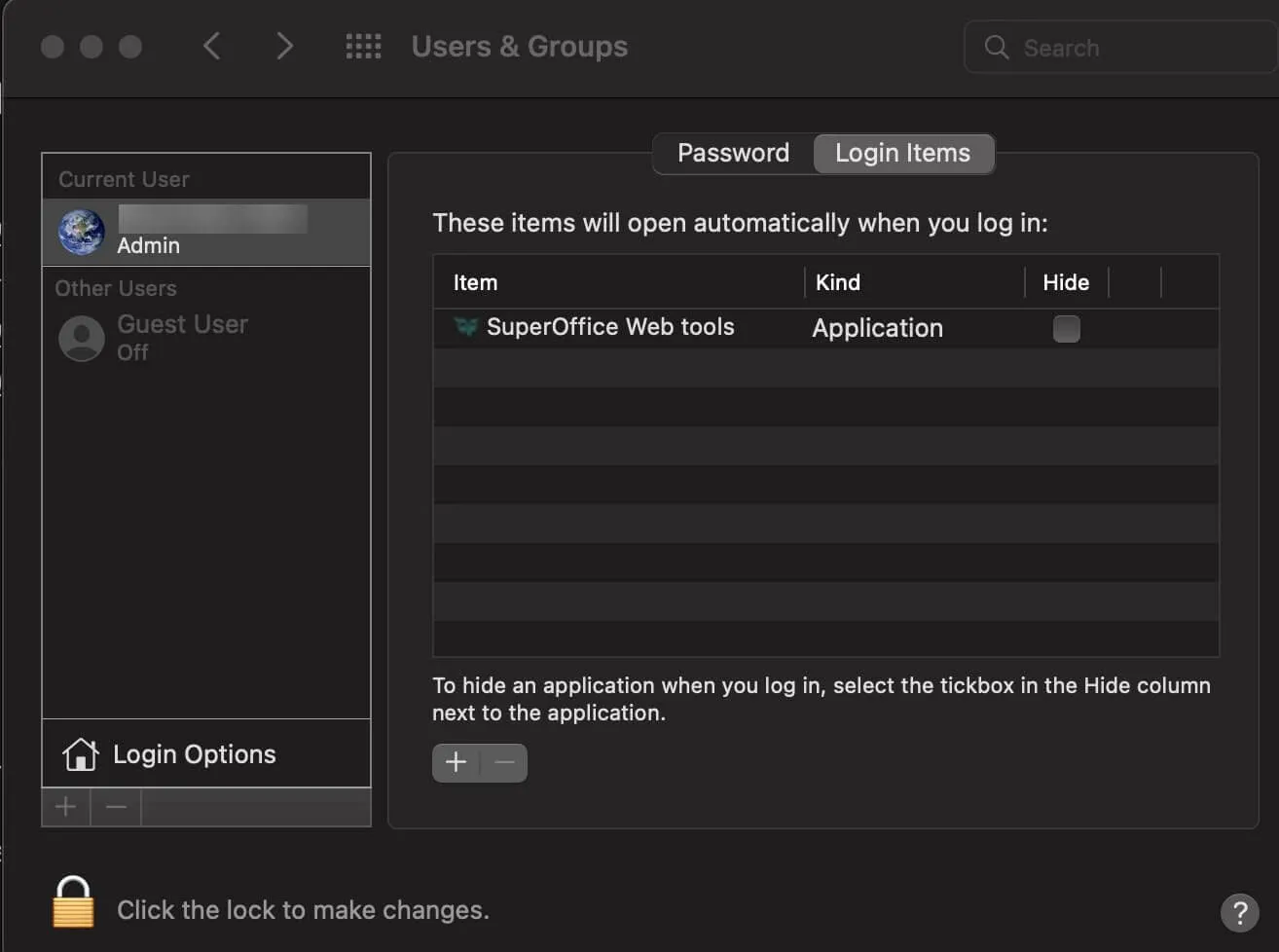 Add SuperOffice WebTools into your Login Items to make the application appear automatically -screenshot